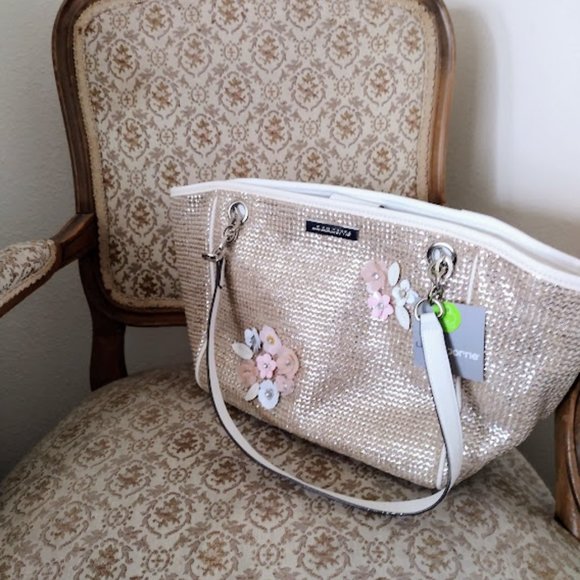 LIZ CLAIBORNE Floral Silver / Gold Handbag Tote - Picture 4 of 5